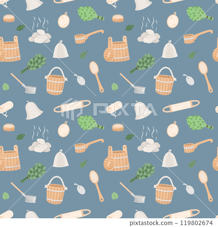 Seamless pattern with sauna spa items in cartoon flat style on dark blue background. Vector illustration Seamless pattern with sauna spa items in cartoon flat style on dark blue background. Vector illustration 119802674