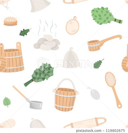 Seamless pattern with sauna spa items in cartoon flat style isolated on white background. Vector illustration 119802675