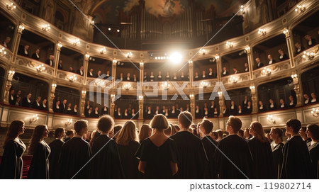 A choir performs in a grand theater, their harmonized voices filling the majestic space beautifully. 119802714