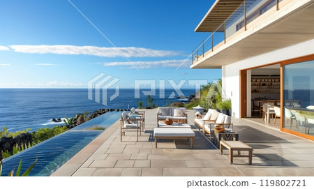 Seaside villa with stunning ocean views, spacious patio, perfect for relaxation, sunsets, and entertaining. Seaside villa with stunning ocean views, spacious patio, perfect for relaxation, sunsets, and entertaining. 119802721
