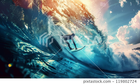 A man surfing a perfect wave, experiencing pure joy and freedom as the sun glints off the water. 119802724