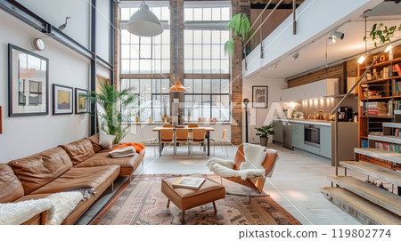 Contemporary loft with high ceilings, stylish decor, and natural light available for rent; ideal for modern living. 119802774