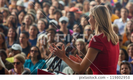 An inspiring female leader captivates a diverse crowd with a powerful rally speech, met with applause and cheers. 119802958