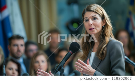 A female diplomat confidently addressed the media, showcasing her expertise in key international issues. A female diplomat confidently addressed the media, showcasing her expertise in key international issues. 119802962