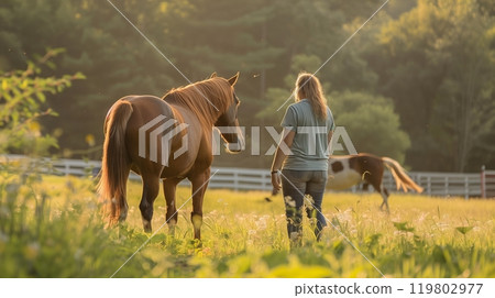 A therapeutic farm where those with PTSD interact with horses, receive counseling, and join healing activities. 119802977
