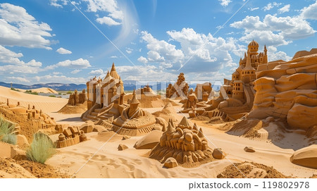A surreal desert features giant, colorful sand sculptures, blending imagination and reality in a whimsical, breathtaking landscape. 119802978
