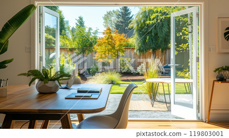 A dining table and work desk overlooking a peaceful backyard create a versatile, inspiring space. 119803001