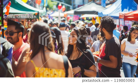 A vibrant cultural street fair with food stalls, music, and mingling, creating a lively atmosphere. 119803003