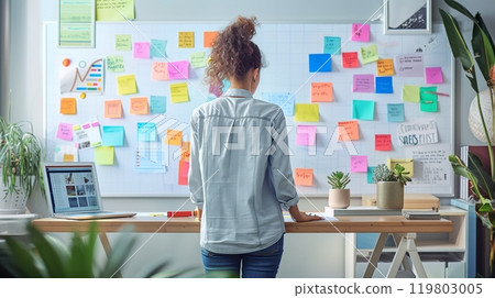 A vibrant workspace with colorful sticky notes. A blogger energetically brainstorms on a spacious whiteboard. 119803005