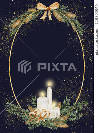 Watercolor Template for Christmas greeting card or New Year invitations with candles, spruce branches and pinecones on dark background. Illustration of vertical frame with golden elements. 119803040