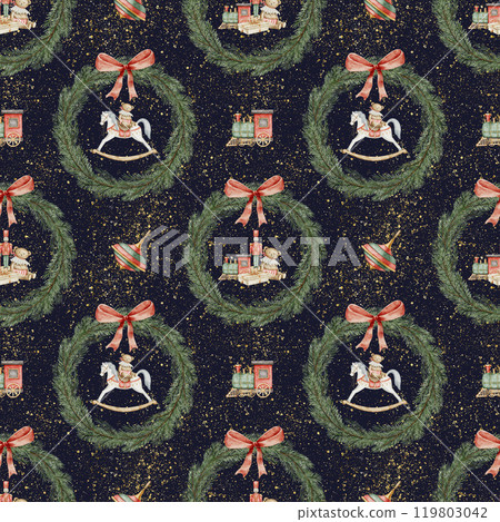 Seamless Pattern with retro Baby Toys and fir branches wreath. Watercolor illustration of Christmas background for Baby wrapping paper or textile design on dark backdrop. Drawing of textile ornament. Seamless Pattern with retro Baby Toys and fir branches wreath. Watercolor illustration of Christmas background for Baby wrapping paper or textile design on dark backdrop. Drawing of textile ornament. 119803042