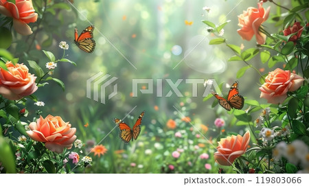 A whimsical garden full of blooms and butterflies, with a breeze carrying the sweet scent of roses. A whimsical garden full of blooms and butterflies, with a breeze carrying the sweet scent of roses. 119803066