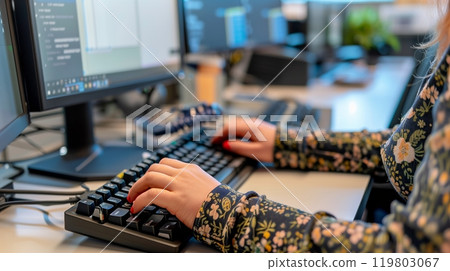 A person with cerebral palsy efficiently uses adaptive tech in a high-tech office, highlighting inclusive design. 119803067