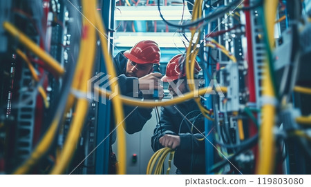 Electricians expertly wire a high-tech building, ensuring all systems are securely and efficiently connected. 119803080