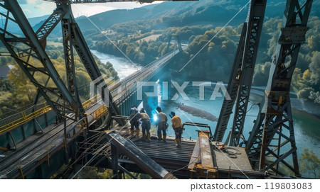 A skilled team of welders enhances a bridge's structural integrity and scenic allure over a picturesque river. 119803083
