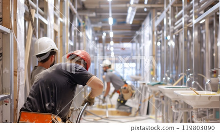 Plumbers expertly install pipes and fixtures in restrooms of a large commercial building under construction. 119803090