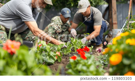 Veterans tend a community garden, fostering camaraderie and therapeutic benefits through shared planting. Veterans tend a community garden, fostering camaraderie and therapeutic benefits through shared planting. 119803103