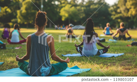 A diverse group joins a community yoga session in an open field, promoting unity and well-being. 119803107
