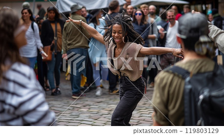 A dancer's spontaneous street performance captivates a crowd, adding vibrant energy as they smile and applaud. 119803129