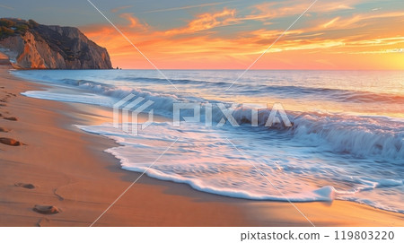 A serene twilight beach shows a sea turtles silhouette, slowly making its way to the water - peaceful beauty. 119803220