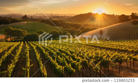 A serene twilight beach shows a sea turtles silhouette, slowly making its way to the water - peaceful beauty. 119803253