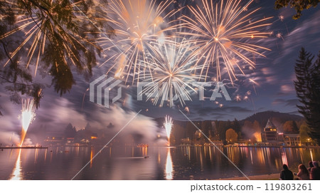 A serene twilight beach shows a sea turtles silhouette, slowly making its way to the water - peaceful beauty. 119803261