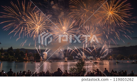 A serene twilight beach shows a sea turtles silhouette, slowly making its way to the water - peaceful beauty. 119803262
