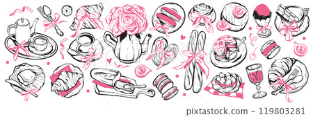 French breakfast doodle set, vector hand drawn Paris lunch coquettish illustration, pink ribbon bow. French breakfast doodle set, vector hand drawn Paris lunch coquettish illustration, pink ribbon bow. 119803281