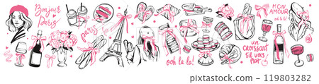 Paris doodle set, vector hand drawn French food kit, coquettish girly croissant, baguette, macaroons 119803282