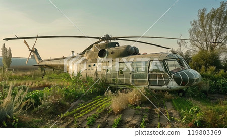 A farm with a helicopter-turned-greenhouse amidst thriving crops under a sunny, blue sky. A farm with a helicopter-turned-greenhouse amidst thriving crops under a sunny, blue sky. 119803369