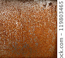 Backdrop of rusty surface of dark, brown, and orange hues. Detailed grunge rusted metal texture. Close-up of rust patterns, aged iron, scratched, worn, distressed areas, decay, corrosion details 119803465