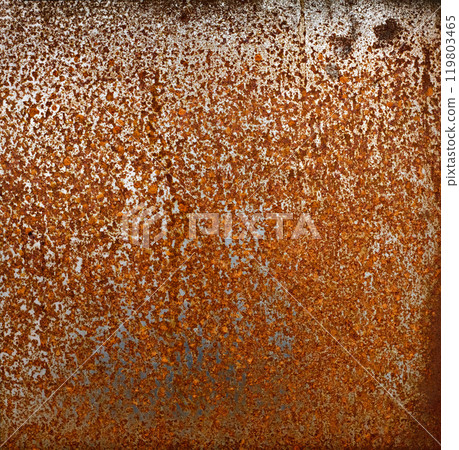 Backdrop of rusty surface of dark, brown, and orange hues. Detailed grunge rusted metal texture. Close-up of rust patterns, aged iron, scratched, worn, distressed areas, decay, corrosion details 119803465