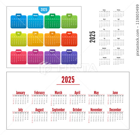 Rainbow calendar Year 2025. vector calendar. Calendar on white Background for business. 119803499
