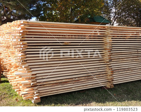 Wooden planks stacked on top of each other lie on the grass against the background of coniferous and deciduous trees, goods in the form of building materials made of wood 119803523