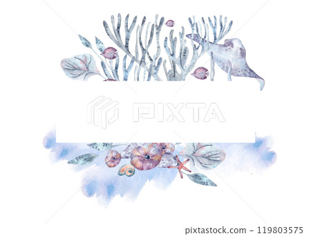 Watercolor frame with creatures, seaweeds monochrome isolated. Stingray in blue corals, fishes and sea plants on watercolor stains painted. Marine border of fantasy flora in pale blue for sea design. 119803575