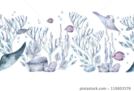 Seabed scene seamless border with ocean creatures, sea plants and stones in pale blue watercolor isolated. Underwater repeated background with pale blue seaweeds, fish and stingray hand drawn. Seabed scene seamless border with ocean creatures, sea plants and stones in pale blue watercolor isolated. Underwater repeated background with pale blue seaweeds, fish and stingray hand drawn. 119803576