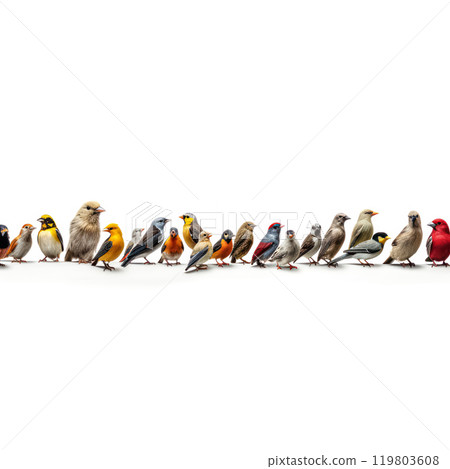 A row of birds of different colors and sizes 119803608