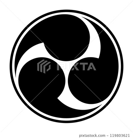 Left threefold Mitsudomoe, Japanese tomoe symbol with border. Swirl of 3 commas or tadpoles, circumscribed in a circle. Widely used for emblems, banners, rituals, festivals and in Shinto shrines. Left threefold Mitsudomoe, Japanese tomoe symbol with border. Swirl of 3 commas or tadpoles, circumscribed in a circle. Widely used for emblems, banners, rituals, festivals and in Shinto shrines. 119803621