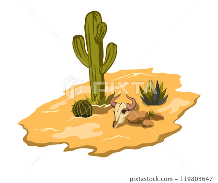 Isometric desert scene with cactuses and bull skull. Western isolated landscape. Cartoon mexican valley. Yellow sand dune 119803647