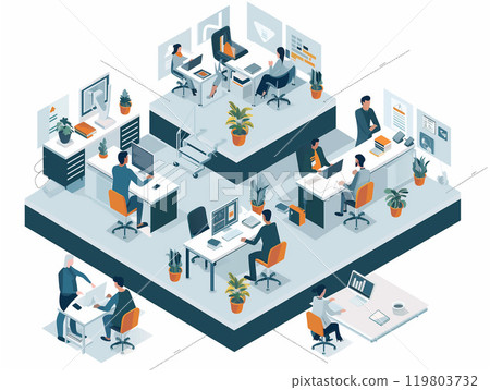 Isometric Modern Office Workspace with Team Collaboration Isometric Modern Office Workspace with Team Collaboration 119803732
