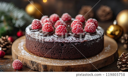 chocolate cake topped with ganache and raspberries, dusted with powdered sugar to resemble snow. chocolate cake topped with ganache and raspberries, dusted with powdered sugar to resemble snow. 119803758