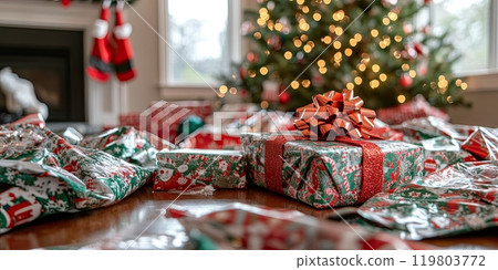 A lot of christmas wrapping paper crinkled on the table. theres an unwrapped present. 119803772