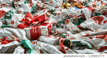 A lot of christmas wrapping paper crinkled on the table. theres an unwrapped present. A lot of christmas wrapping paper crinkled on the table. theres an unwrapped present. 119803773