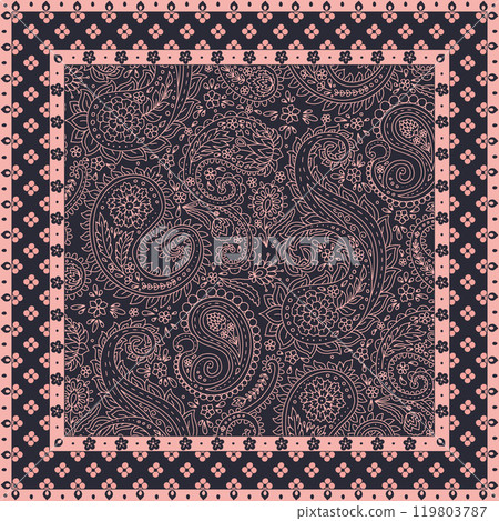 Floral scarf design with monochrome paisley motifs 119803787