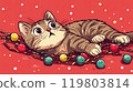 A confused cat tangled in tinsel, looking slightly embarrassed with Christmas ornaments  119803814