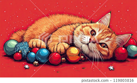 A confused cat tangled in tinsel, looking slightly embarrassed with Christmas ornaments  119803816