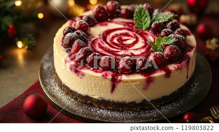 berry cheesecake topped with a swirl of raspberry sauce, cranberries, and mint leaves berry cheesecake topped with a swirl of raspberry sauce, cranberries, and mint leaves 119803822