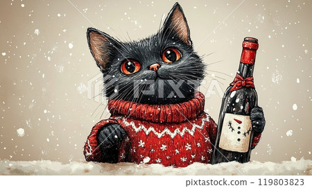 A cute black cat in a red festive sweater holds a wine bottle, with snow falling in the background. 119803823
