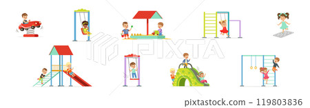 Funny Kids Playing at Playground and Have Fun Vector Set 119803836