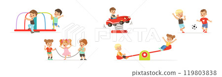 Funny Kids Playing at Playground and Have Fun Vector Set 119803838